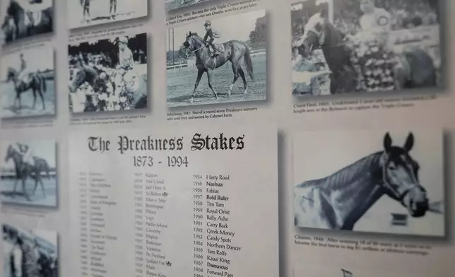 The winners of the first 121 Preakness Stakes are listed on a poster hanging in the Laurel Park press box, Friday, May 8, 2026, in Laurel, Md. (AP Photo/Julia Demaree Nikhinson)