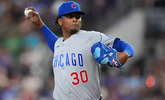 Chicago Cubs starting pitcher Edward Cabrera throws to the Texas Rangers during the second inning of a baseball game Saturday, May 9, 2026, in Arlington, Texas. (AP Photo/Julio Cortez)