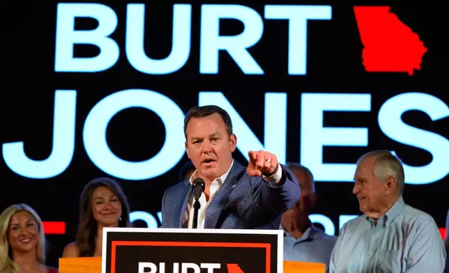 Georgia gubernatorial candidate Burt Jones speaks during a primary election night watch party, Tuesday, May 19, 2026, in Jackson, Ga. (AP Photo/Mike Stewart)