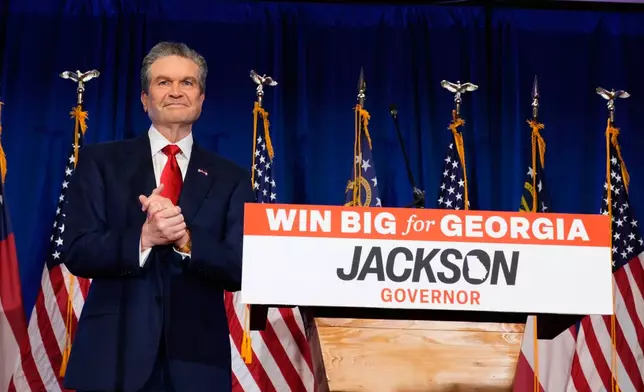 Georgia gubernatorial candidate Rick Jackson prepares to speak during a primary election night party on Tuesday, May 19, 2026, in Atlanta. (AP Photo/Brynn Anderson)