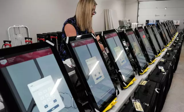 FILE - Voting machines are seen at the Bartow County Election office, Jan. 25, 2024, in Cartersville, Ga. (AP Photo/Mike Stewart, File)