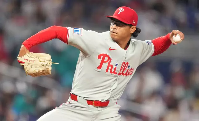 Philadelphia Phillies pitcher Jesús Luzardo delivers against the Miami Marlins during the first inning of a baseball game, Sunday, May 3, 2026, in Miami. (AP Photo/Jim Rassol)