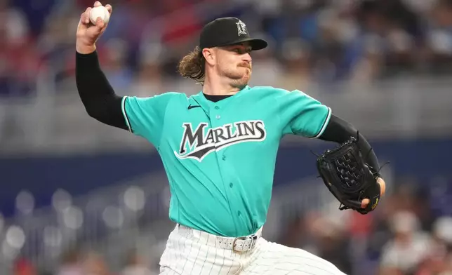 Miami Marlins pitcher Chris Paddack delivers during the first inning of a baseball game against the Philadelphia Phillies, Sunday, May 3, 2026, in Miami. (AP Photo/Jim Rassol)