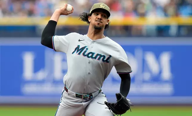 Miami Marlins pitcher Eury Pérez delivers to the Tampa Bay Rays during the first inning of a baseball game Sunday, May 17, 2026, in St. Petersburg, Fla. (AP Photo/Chris O'Meara)