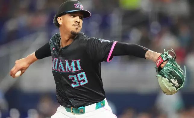 Miami Marlins starting pitcher Eury Pérez throws during the first inning of a baseball game against the New York Mets, Friday, May 22, 2026, in Miami. (AP Photo/Lynne Sladky)