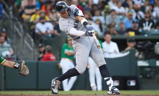 New York Yankees' Aaron Judge hits an RBI as he grounds out during the fourth inning of a baseball game against the Athletics, Friday, May 29, 2026, in West Sacramento, Calif. (AP Photo/Scott Marshall)