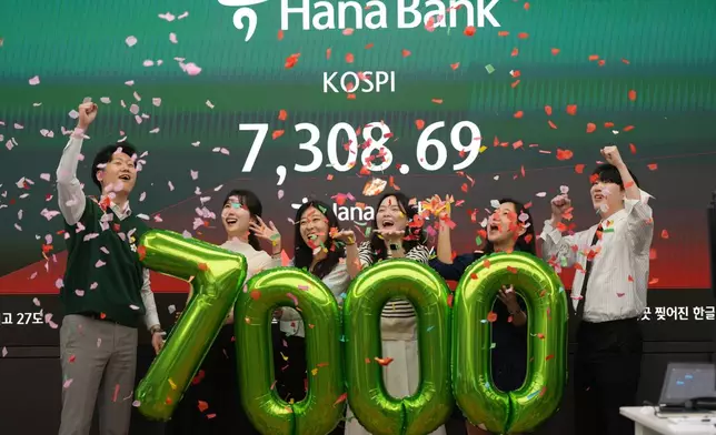 Employees of Hana Bank celebrate in a photo opportunity to mark the Korea Composite Stock Price Index (KOSPI) of over 7,000 points at a dealing room of Hana Bank in Seoul, South Korea, Wednesday, May 6, 2026. (AP Photo/Lee Jin-man)