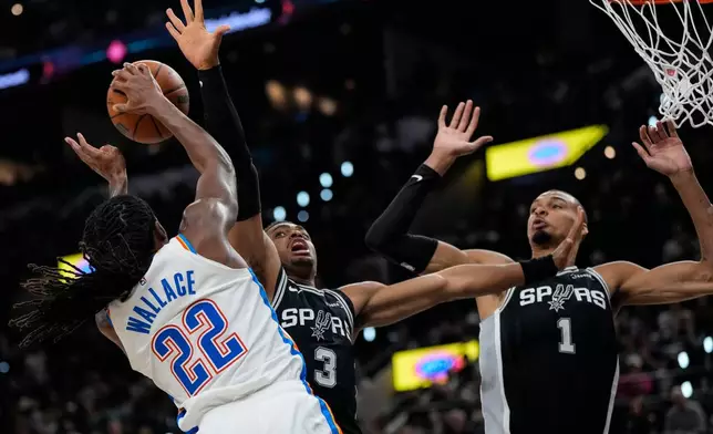 Oklahoma City Thunder guard Cason Wallace (22) shoots against San Antonio Spurs forward Keldon Johnson (3) in the second half of Game 6 in the Western Conference finals NBA basketball playoffs series, Thursday, May 28, 2026, in San Antonio. (AP Photo/David J. Phillip)