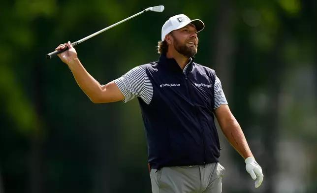 Dan Brown reacts on the 10th hole during the first round of the PGA Championship golf tournament practice round at Aronimink Golf Club, Thursday, May 14, 2026, in Newtown Square, PA. (AP Photo/Frank Franklin II)