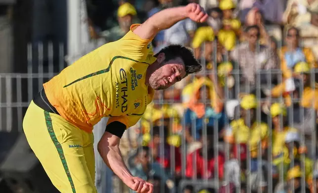 Chennai Super Kings' Jamie Overton bowls a delivery during the Indian Premier League cricket match between Chennai Super Kings and Lucknow Super Giants in Chennai, India, Sunday, May 10, 2026. (AP Photo)