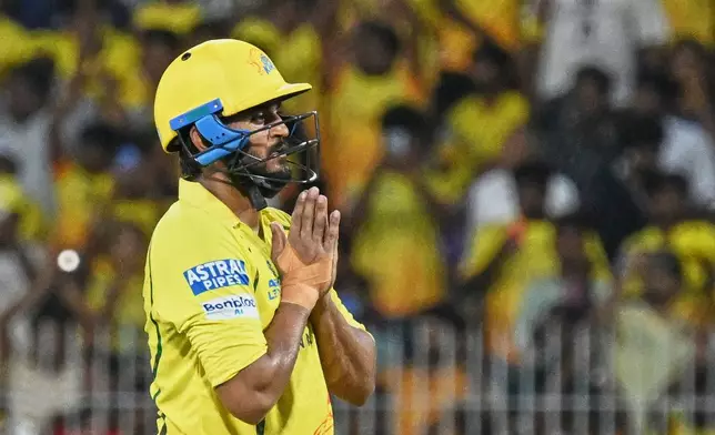Chennai Super Kings' Urvil Patel celebrates his fifty runs during the Indian Premier League cricket match between Chennai Super Kings and Lucknow Super Giants in Chennai, India, Sunday, May 10, 2026. (AP Photo)