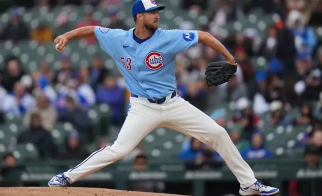 Chicago Cubs starting pitcher Colin Rea (53) throws against the Arizona Diamondbacks during the first inning of a baseball game Friday, May 1, 2026, in Chicago. (AP Photo/Erin Hooley)