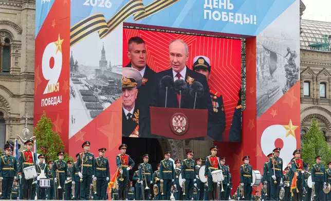 Russian servicemen attend the Victory Day military parade in Moscow, Saturday, May 9, 2026, during celebrations of the 81st anniversary of the Soviet Union's victory over Nazi Germany during the World War II. (Maxim Shipenkov/Pool Photo via AP)