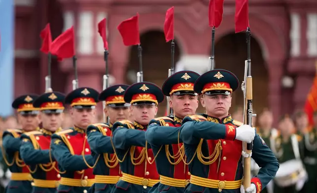 Russian servicemen march as they attend the Victory Day military parade in Moscow, Saturday, May 9, 2026, during celebrations of the 81st anniversary of the Soviet Union's victory over Nazi Germany during the World War II. (AP Photo/Pavel Bednyakov, Pool)