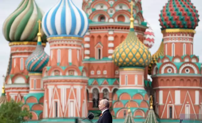 Russian President Vladimir Putin speaks during the Victory Day military parade in Moscow, Saturday, May 9, 2026, during celebrations of the 81st anniversary of the Soviet Union's victory over Nazi Germany during the World War II. (AP Photo/Pavel Bednyakov, Pool)