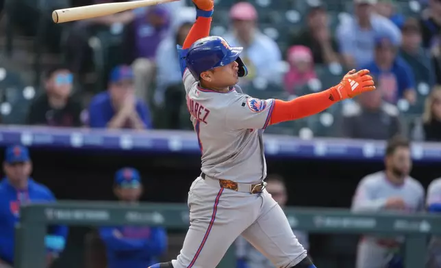 New York Mets' Francisco Alvarez strikes out against Colorado Rockies relief pitcher Antonio Senzatela in the ninth inning of a baseball game, Thursday, May 7, 2026, in Denver. (AP Photo/David Zalubowski)