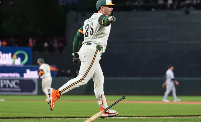 Baltimore Orioles' Pete Alonso (25) celebrates after hitting a three-run home run during the third inning of a baseball game against the Detroit Tigers, Friday, May 22, 2026, in Baltimore. (AP Photo/Stephanie Scarbrough)