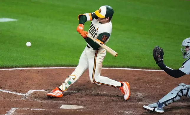 Baltimore Orioles' Jackson Holliday (7) hits a two-run home run during the fourth inning of a baseball game against the Detroit Tigers, Friday, May 22, 2026, in Baltimore. (AP Photo/Stephanie Scarbrough)