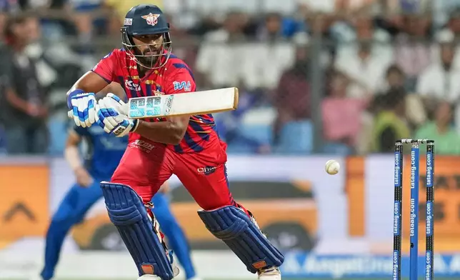 Lucknow Super Giants' Nicholas Pooran plays a shot during the Indian Premier League cricket match between Mumbai Indians and Lucknow Super Giants in Mumbai, India, Monday, May 4, 2026.(AP Photo/Rafiq Maqbool)
