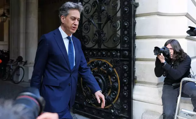 Secretary of State for Energy Security and Net Zero Ed Miliband arrives for a cabinet meeting in Downing Street, London, Tuesday, May 12, 2026 as Britain's Prime Minister Keir Starmer is facing the biggest threat yet to his authority after a growing number of disaffected lawmakers called for him to step down.(AP Photo/Kirsty Wigglesworth)