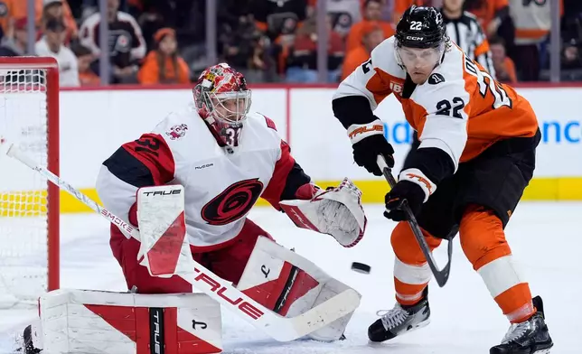 Carolina Hurricanes' Frederik Andersen, left, blocks a shot as Philadelphia Flyers' Christian Dvorak reaches in during the second period of Game 3 in the second round of the NHL hockey Stanley Cup playoffs, Thursday, May 7, 2026, in Philadelphia. (AP Photo/Matt Slocum)