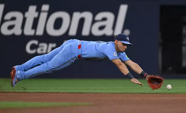 Toronto Blue Jays infielder Andres Gimenez (0) misses a ground ball off the bat of Pittsburgh Pirates' Bryan Reynolds during the first inning of a baseball game in Toronto, Saturday, May 23, 2026. (Jon Blacker/The Canadian Press via AP)