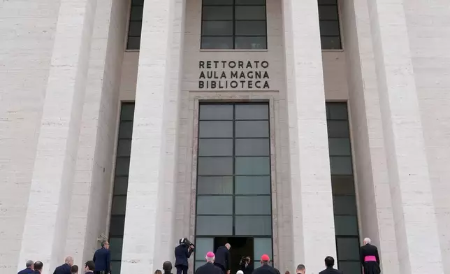 Pope Leo XIV visits the Città Universitaria (University City) at Sapienza University of Rome to meet with faculty and students at the institution's primary campus, one of the world's oldest and largest universities, Thursday, May 14, 2026. (AP Photo/Gregorio Borgia)