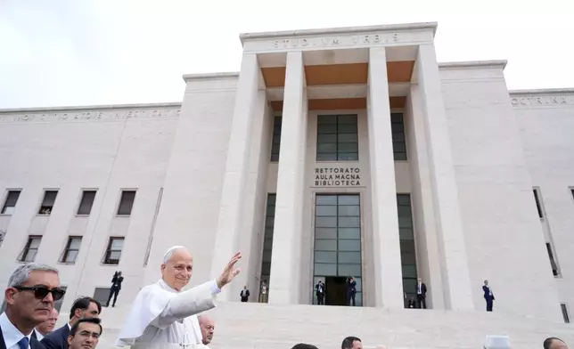 Pope Leo XIV visits the Città Universitaria (University City) at Sapienza University of Rome to meet with faculty and students at the institution's primary campus, one of the world's oldest and largest universities, Thursday, May 14, 2026. (AP Photo/Gregorio Borgia)
