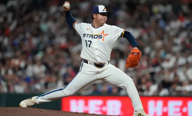 Houston Astros pitcher Kai-Wei Teng throws during the seventh inning of a baseball game against the Los Angeles Dodgers in Houston, Monday, May 4, 2026. (AP Photo/Ashley Landis)