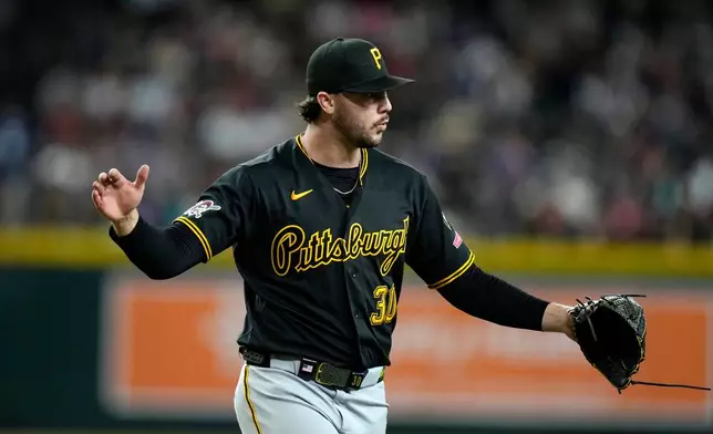 Pittsburgh Pirates starting pitcher Paul Skenes reacts after retiring the Arizona Diamondbacks during the eighth inning of a baseball game, Wednesday, May 6, 2026, in Phoenix. (AP Photo/Ross D. Franklin)