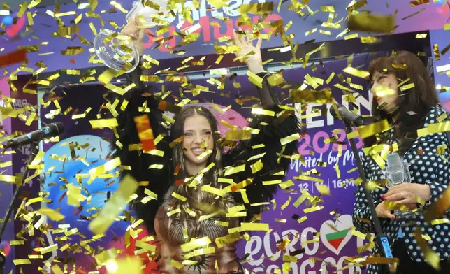 Eurovision 20026 winner Dara reacts upon her return home in Sofia on Sunday, May 17, 2026, giving the southeast European country its first-ever victory in the competition. (AP Photo/Valentina Petrova)