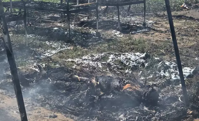 EDS NOTE: GRAPHIC CONTENT - The remains of a body lie on the ground at an Ebola treatment center after it burned down in Rwampara, Ituri province, Congo, Thursday, May 21, 2026. (AP Photo/Dirole Lotsima Dieudonne)