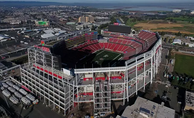 This aerial photo shows Levi's Stadium, a 2026 FIFA World Cup soccer venue, in Santa Clara, Calif., Tuesday, Jan. 27, 2026. (AP Photo/Godofredo A. Vásquez)