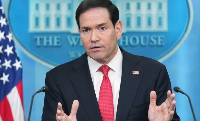 Secretary of State Marco Rubio speaks during a press briefing in the James Brady Press Briefing Room at the White House in Washington, Tuesday, May 5, 2026. (AP Photo/Mark Schiefelbein)