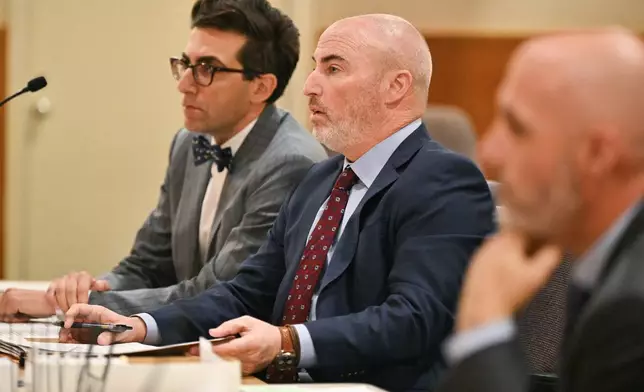 Michael Goldstein, center, attorney for Britney Spears, speaks during the arraignment of her DUI case at the Ventura County Superior Court in Ventura, Calif., on Monday, May 4, 2026. (Frederic J. Brown/Pool Photo via AP)