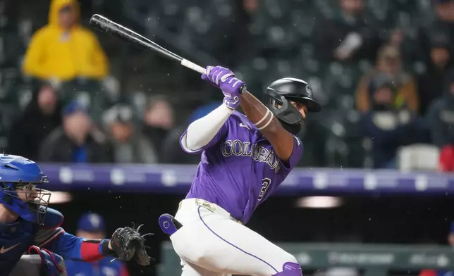 Colorado Rockies' Willi Castro, right, follows the flight of his RBI double off Texas Rangers relief pitcher Gavin Collyer in the sixth inning of a baseball game Monday, May 18, 2026, in Denver. (AP Photo/David Zalubowski)