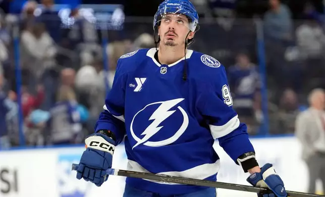 Tampa Bay Lightning center Gage Goncalves (93) reacts after the team lost to the Montréal Canadiens in Game 7 of an NHL hockey Stanley Cup first-round playoff series, Sunday, May 3, 2026, in Tampa, Fla. (AP Photo/Chris O'Meara)