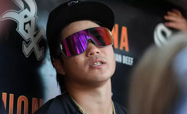 Chicago White Sox's Rikuu Nishida, of Japan, talks to media before a baseball game against the Minnesota Twins in Chicago, Monday, May 25, 2026. (AP Photo/Nam Y. Huh)