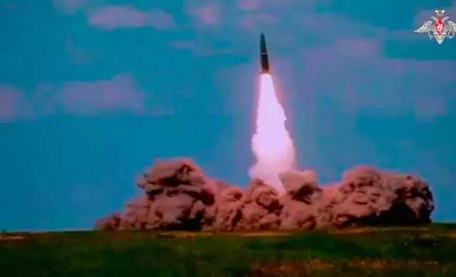 In this image made from video provided by Russian Defense Ministry Press Service on Thursday, May 21, 2026, an Iskander missile is launched by a Belarusian crew from the Kapustin Yar firing range in Russia, during joint nuclear drills conducted by Russian and Belarusian militaries. (Russian Defense Ministry Press Service via AP)
