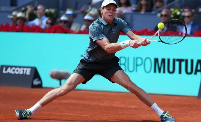 Italy's Jannik Sinner returns the ball to France's Arthur Fils during their men's singles semifinal match at the Madrid Open tennis tournament in Madrid, Spain, Friday, May 1, 2026. (AP Photo/Manu Fernandez)