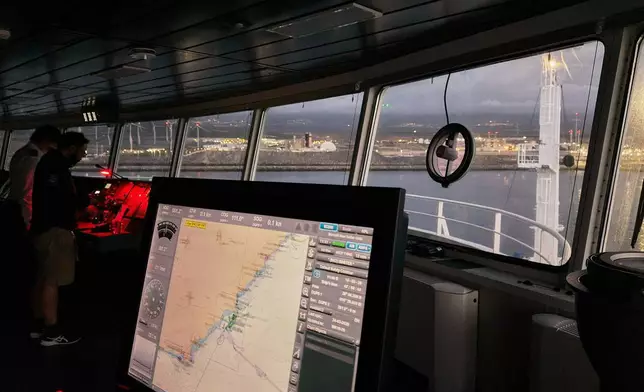 View from the bridge of the hantavirus-stricken cruise ship MV Hondius after its arrival at the port of Granadilla in Tenerife, Canary Islands, Spain, Sunday, May 10, 2026. (AP Photo)