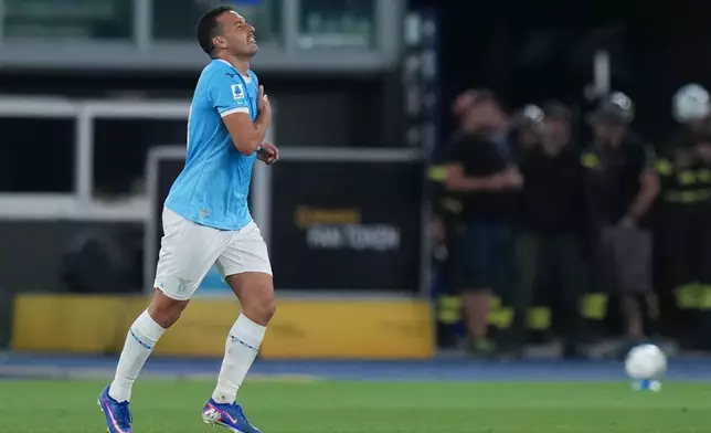 Lazio's Pedro celebrates after scoring during a Serie A soccer match between Lazio and Pisa, Saturday, May 23, 2026, in Rome, Italy. ( Alfredo Falcone/LaPresse via AP)