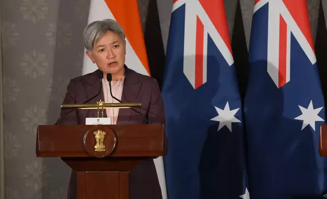 Australian Foreign Minister Penny Wong speaks to reporters following a Quad ministerial meeting at Hyderabad House in New Delhi, India, Tuesday, May 26, 2026. (AP Photo/Manish Swarup)