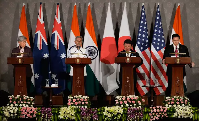 India's External Affairs Minister S. Jaishankar, second left, speaks as Australian Foreign Minister Penny Wong, left, Japanese Foreign Minister Toshimitsu Motegi, second right, and U.S. Secretary of State Marco Rubio listen following a Quad ministerial meeting at Hyderabad House in New Delhi, India, Tuesday, May 26, 2026. (AP Photo/Manish Swarup)