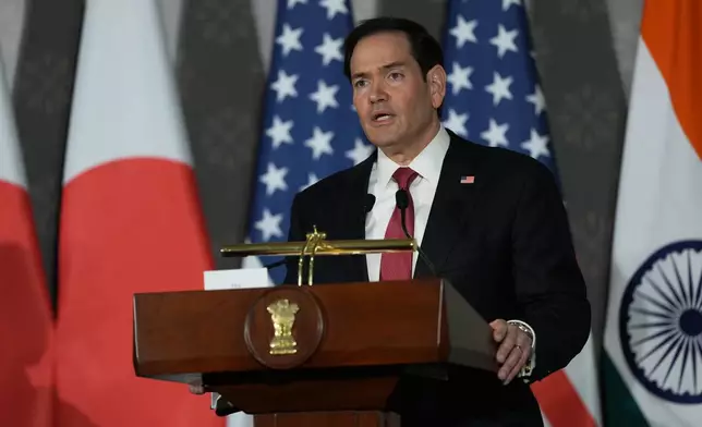 U.S. Secretary of State Marco Rubio speaks to reporters following a Quad ministerial meeting at Hyderabad House in New Delhi, India, Tuesday, May 26, 2026.(AP Photo/Julia Demaree Nikhinson, Pool)
