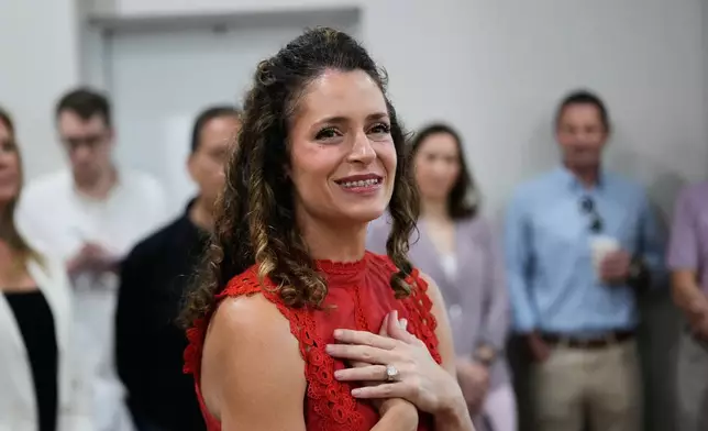 U.S. Senate candidate Julia Letlow greets supporters at a campaign stop at Hammond Northshore Regional Airport in Hammond, La., Wednesday, May 6, 2026. (AP Photo/Gerald Herbert)