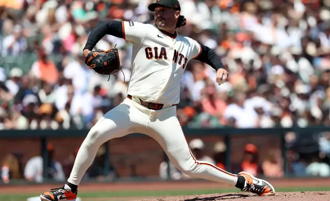 San Francisco Giants pitcher Robbie Ray throws during the third inning of a baseball game against the Chicago White Sox in San Francisco, Sunday, May 24, 2026. (AP Photo/Jed Jacobsohn)