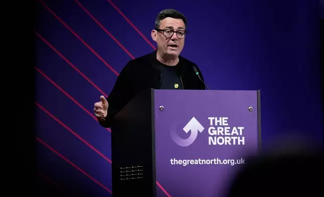Greater Manchester Mayor Andy Burnham speaks at The Great North Investment Summit at the Royal Armouries Museum in Leeds, England, Monday May 18, 2026. (Peter Byrne/PA via AP)