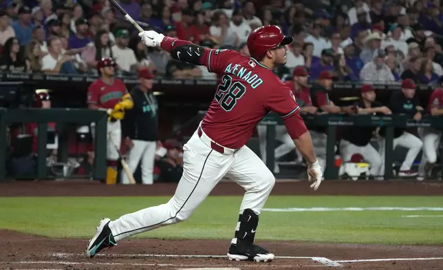 Arizona Diamondbacks' Nolan Arenado hits a two-run double against the Colorado Rockies in the third inning of a baseball game, Saturday, May 23, 2026, in Phoenix. (AP Photo/Rick Scuteri)