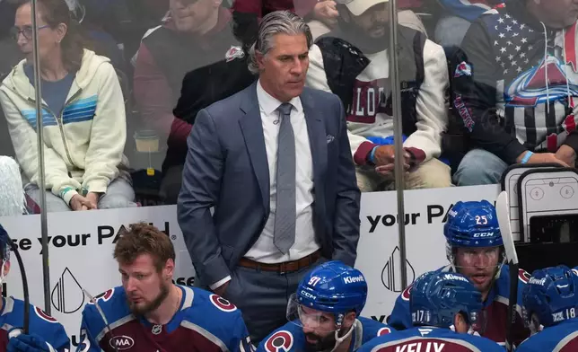 Colorado Avalanche head coach Jared Bednar looks on during the first period in Game 1 of the Western Conference finals NHL hockey Stanley Cup playoff series against the Vegas Golden Knights Wednesday, May 20, 2026, in Denver. (AP Photo/David Zalubowski)